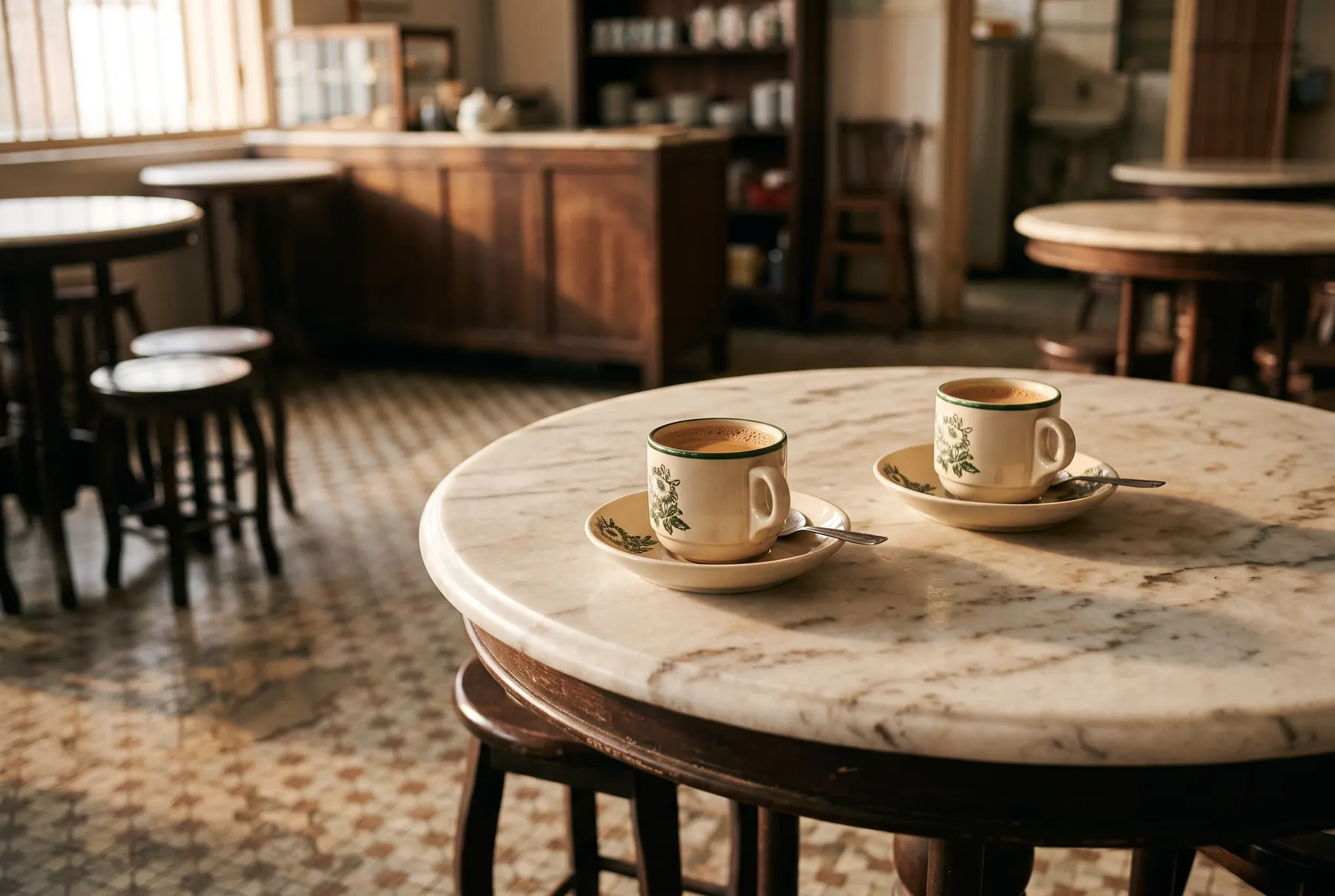 A marble kopitiam table with two kopi-C in green-rimmed cups, morning light. A representative scene.