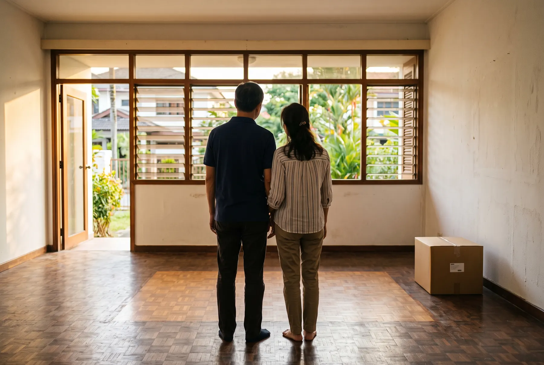 A couple seen from behind in their emptied living room, a bright rectangle on the parquet where the sofa stood. A representative scene.