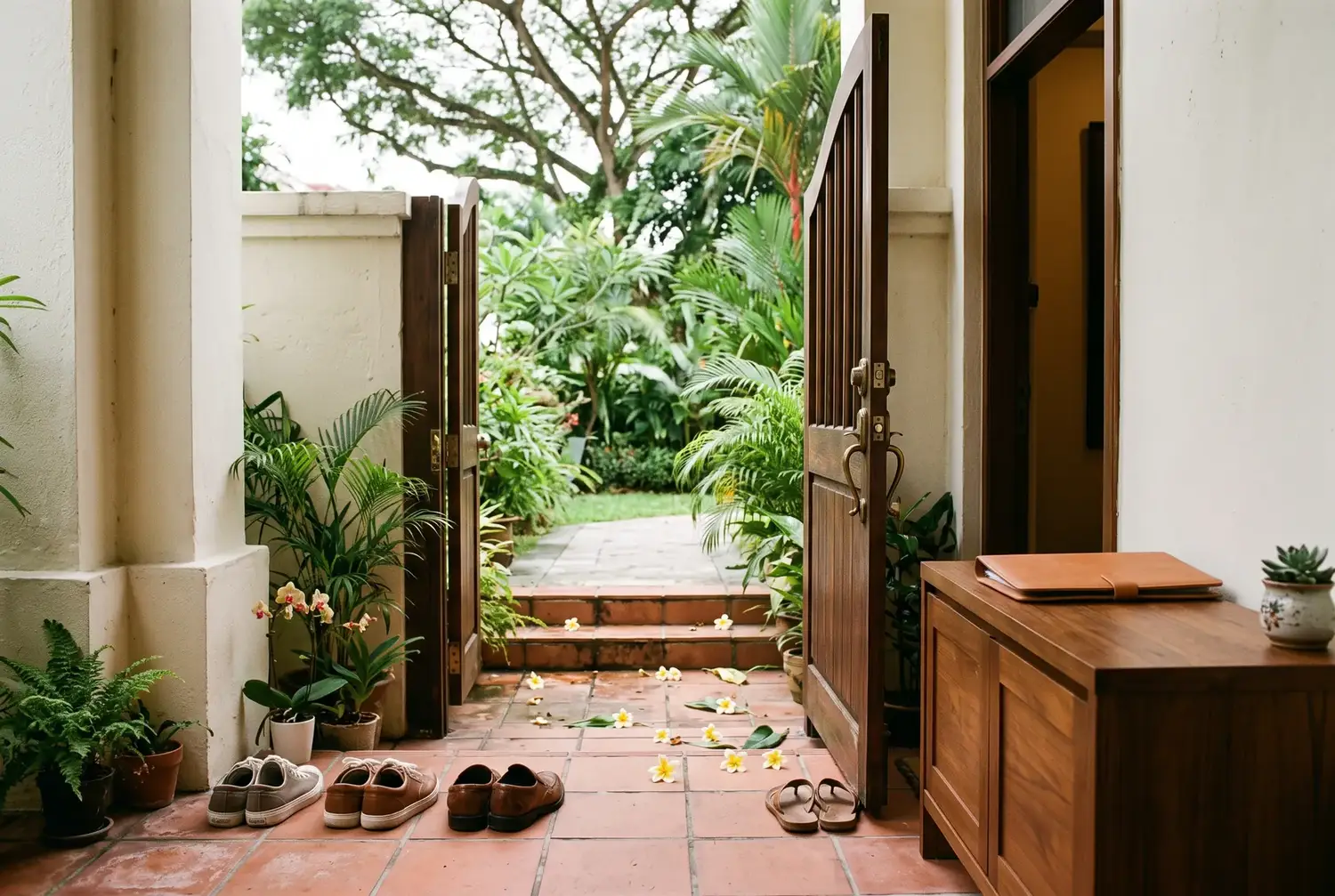 Visitors' shoes lined up on terracotta tiles by an open timber gate, a leather folio resting on the shoe cabinet.