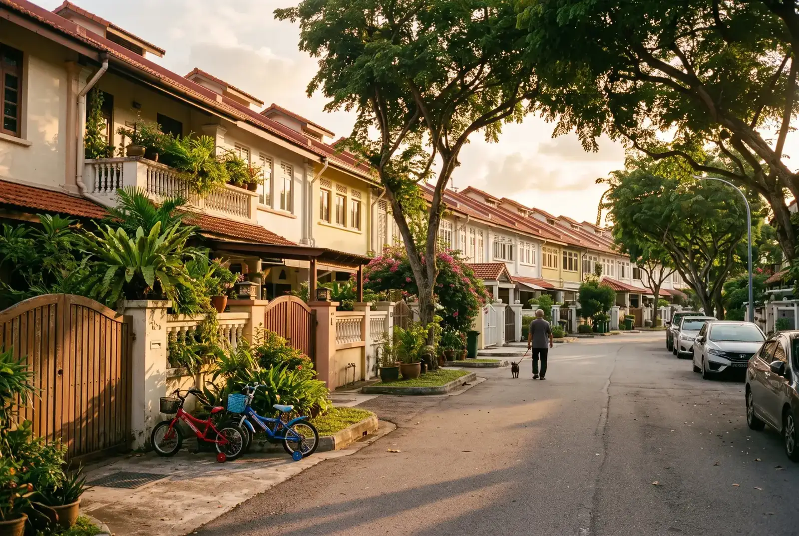 A terrace street at golden hour, rain trees overhead, an uncle walking his dog, two children's bicycles by a gate. A representative scene.