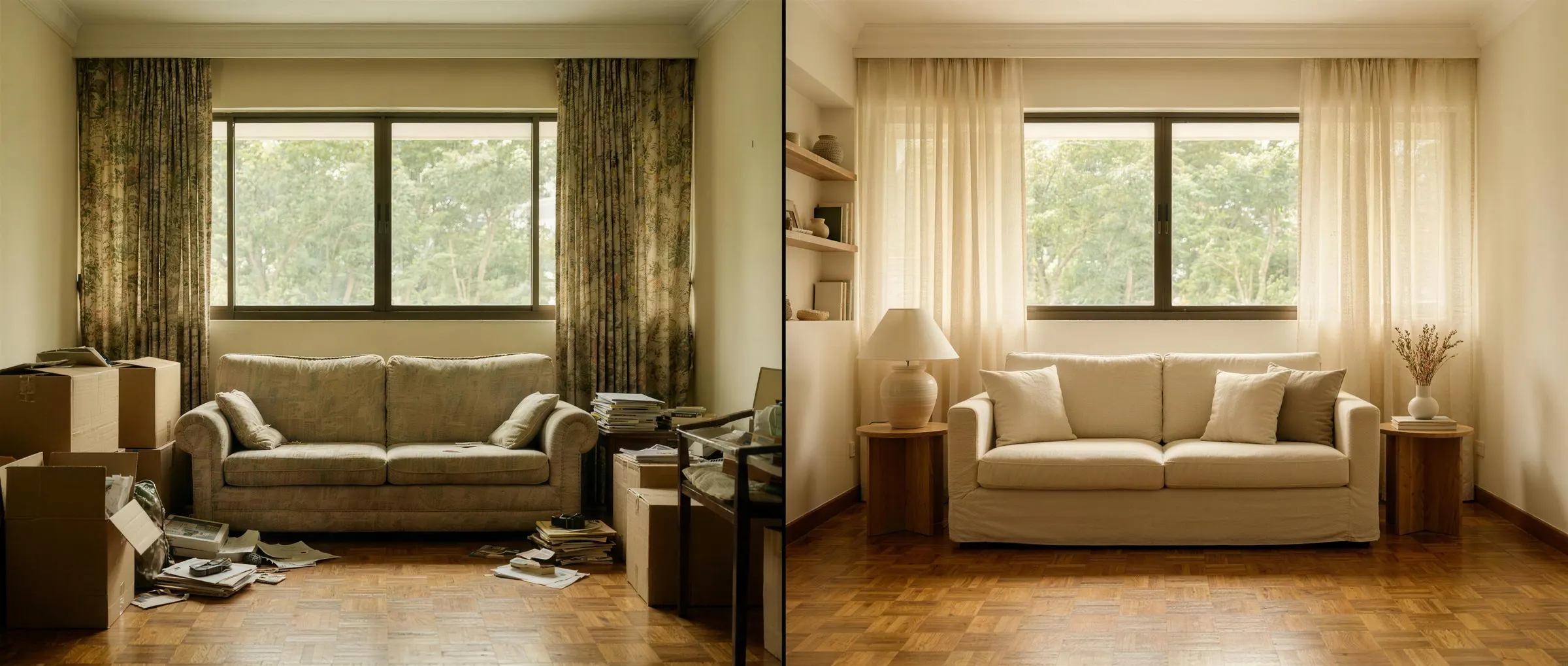 The same living room shown twice across a clean vertical seam: lived-in and tired on the left, softly re-styled in cream and warm timber on the right. A representative preview.