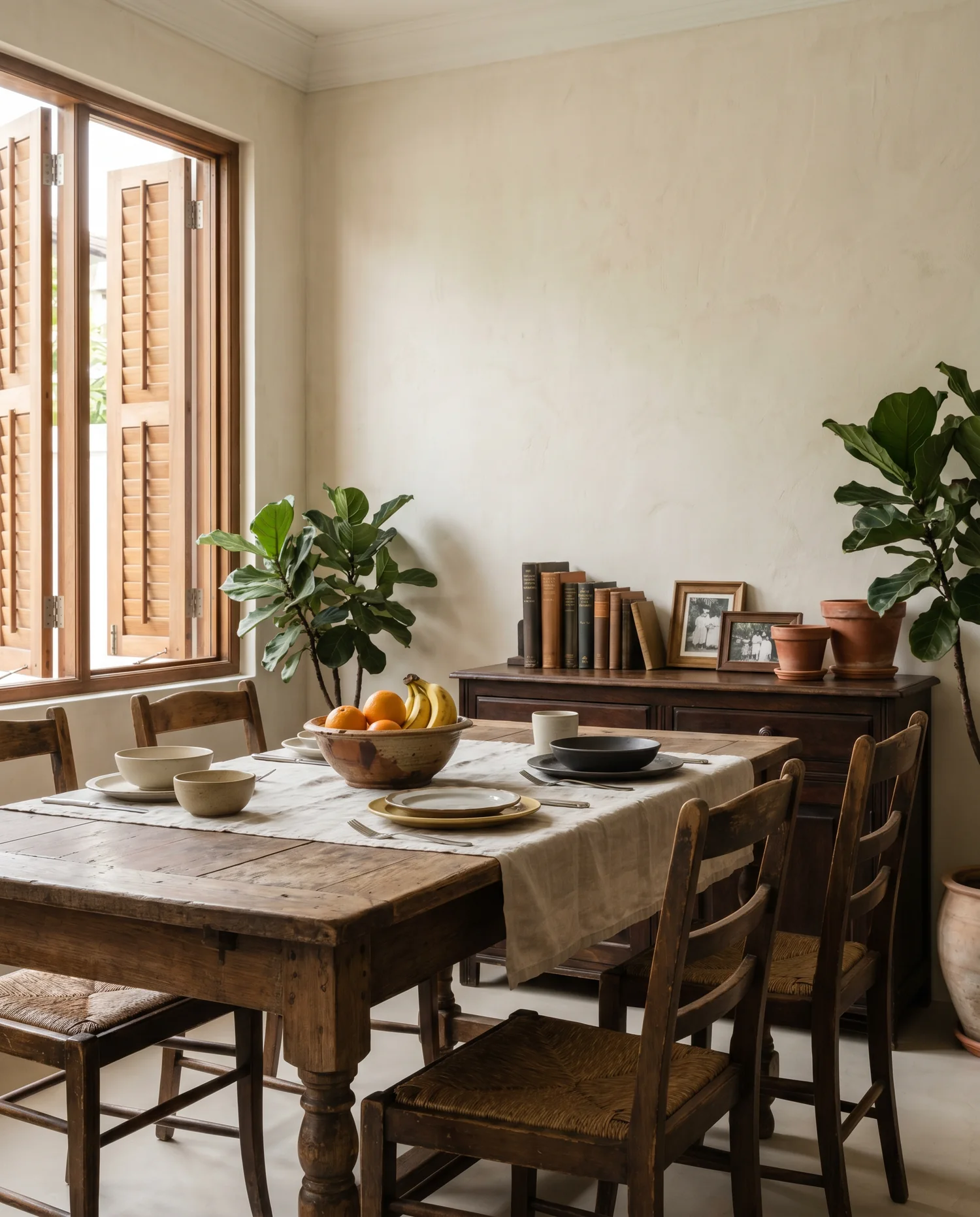 A heritage dining room in warm light, old family photographs on the wall.