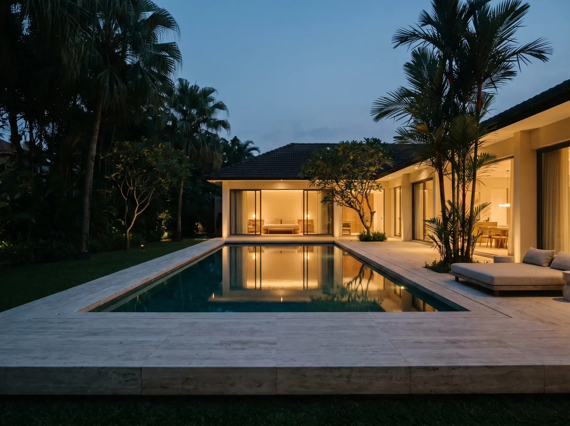 A still pool at dusk in a prime residence, the light low and warm.