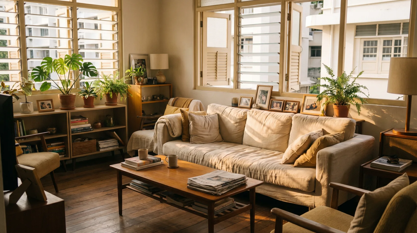 A warm living room in soft afternoon light, timber and linen.